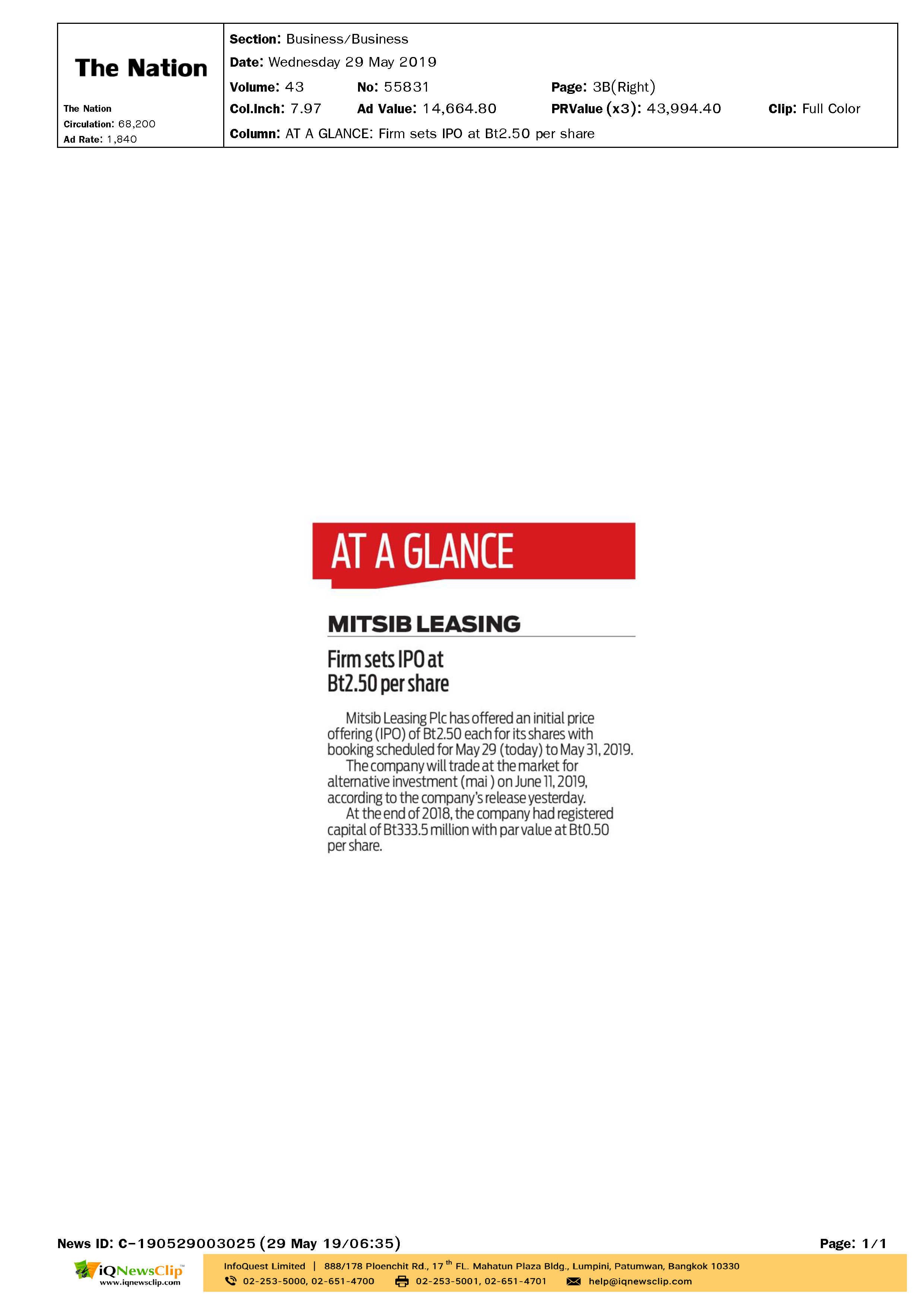 The Nation AT A GLANCE MITSIB LEASING Firm sets IPO at Bt2.50 per share