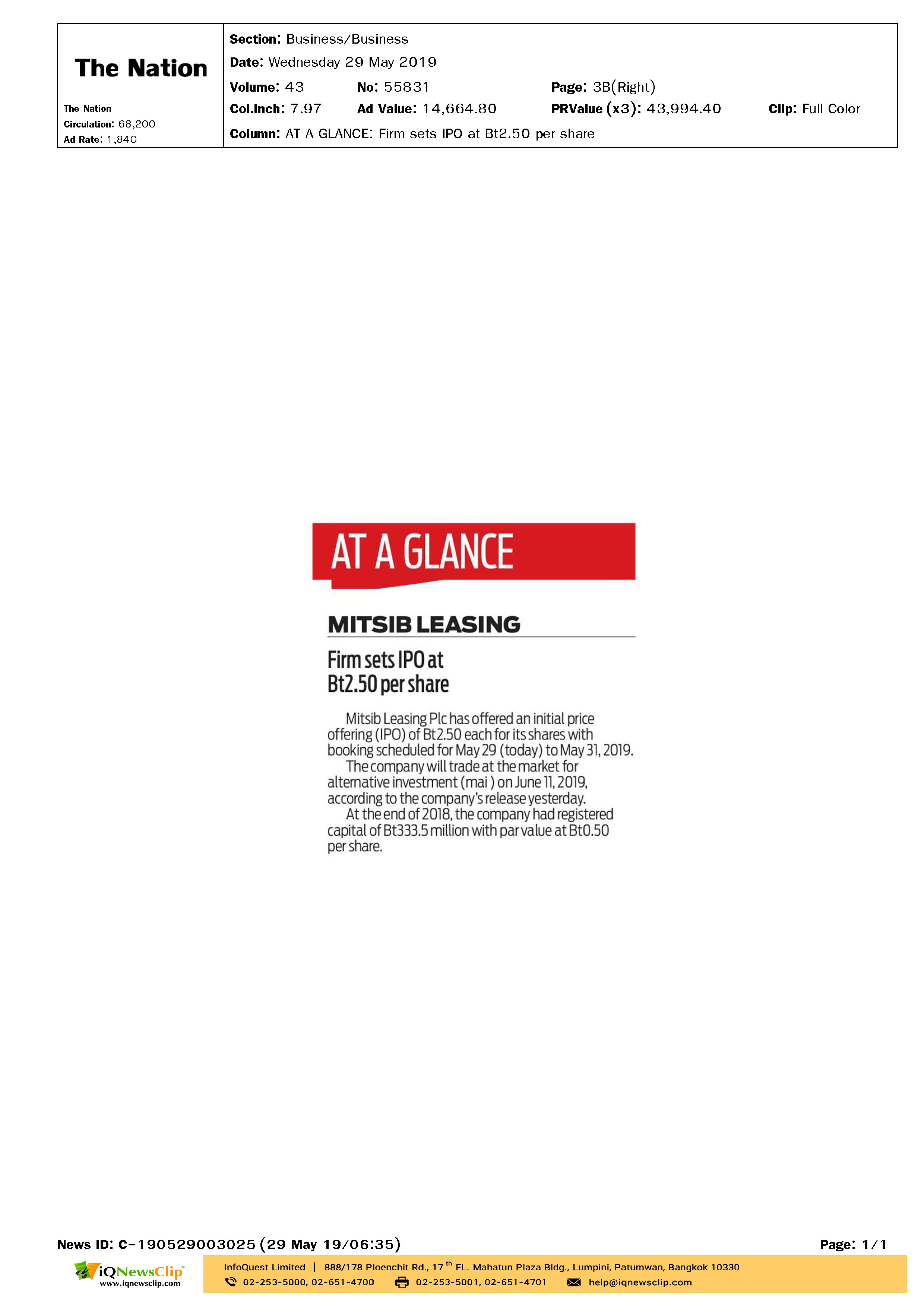 The Nation AT A GLANCE MITSIB LEASING Firm sets IPO at Bt2.50 per share