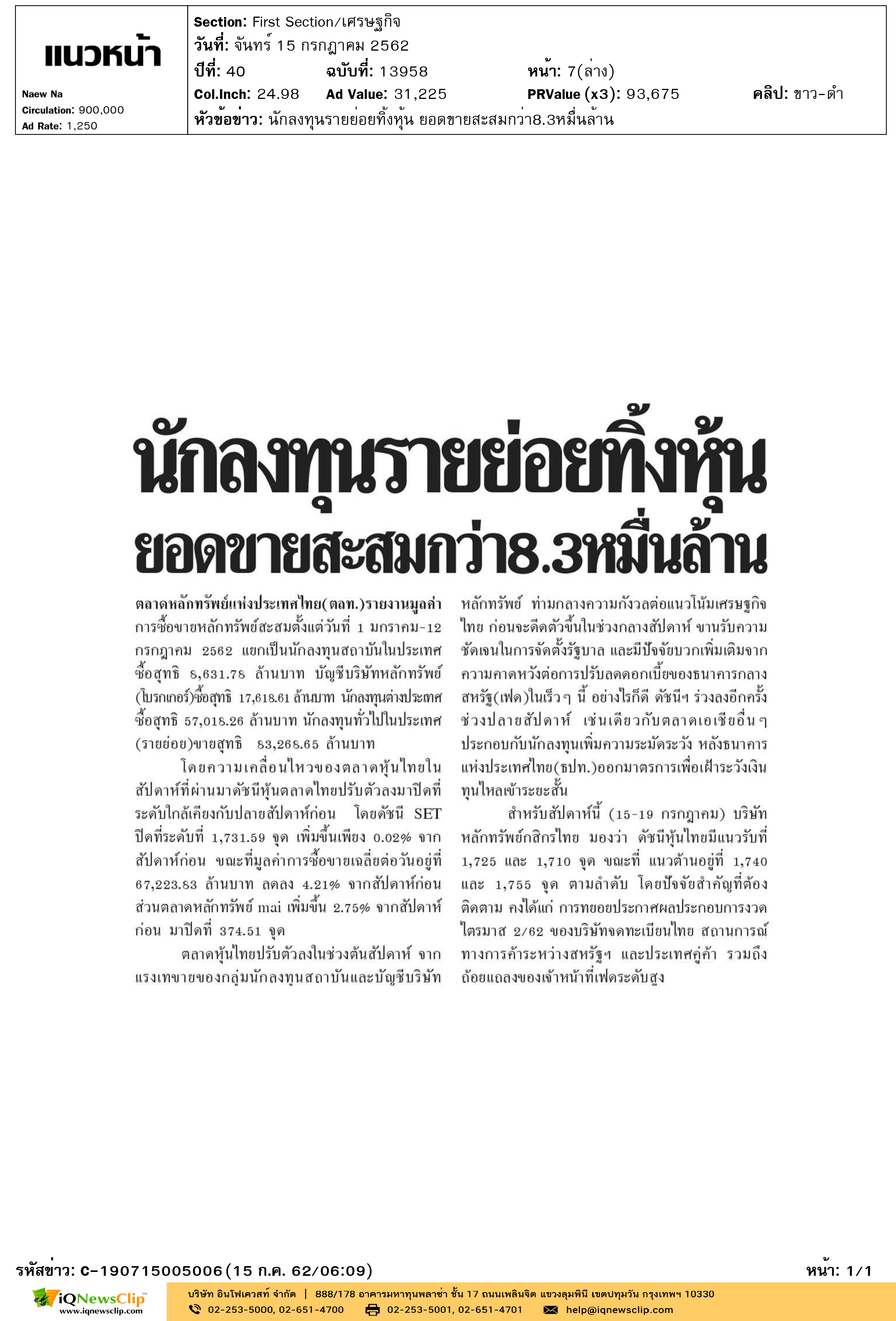 แนวหน้า นักลงทุนรายย่อยทิ้งหุ้น ยอดขายสะสมกว่า8.3หมื่นล้าน