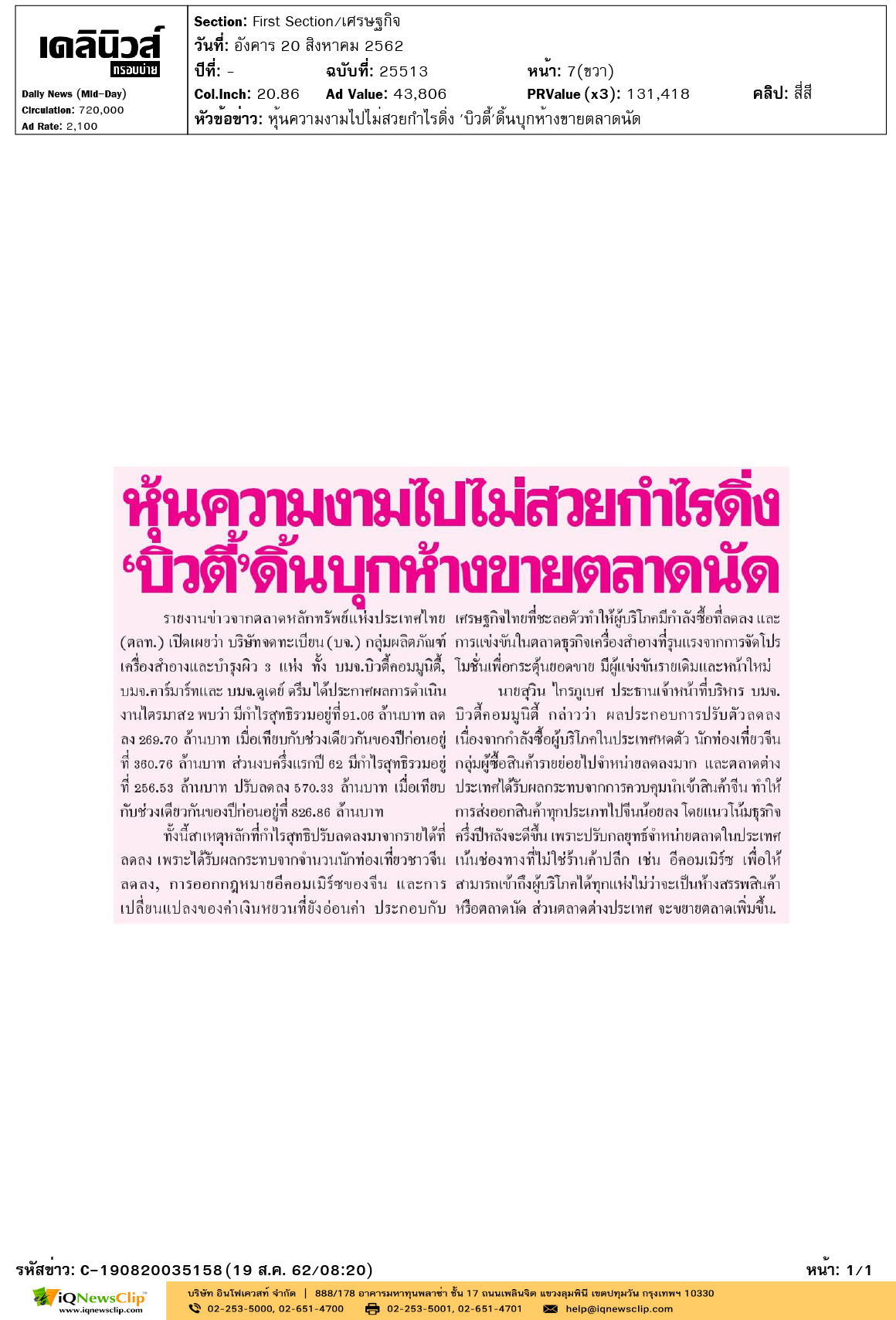 Other-เดลินิวส์(กรอบบ่าย)--หุ้นความงามไปไม่สวยกำไรดิ่ง-'บิวตี้'ดิ้นบุกห้างขายตลาดนัด
